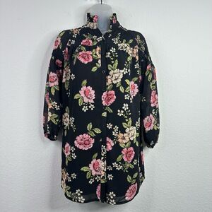 Yumi Kim Shirt Womens XS Black Pink Floral‎ Smocked Dark Romantic Cottagecore
